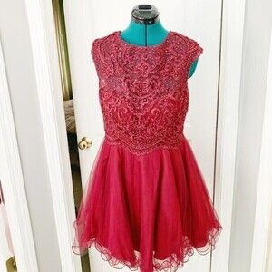 Homecoming Prom Party Sleeveless Beaded Lace Floral Tulle Lined Skater Dress